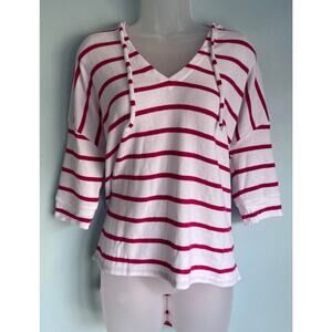 Chaser Love Knit 3/4 Sleeve Pullover Striped Hoodie Pink and White Cozy Fall
